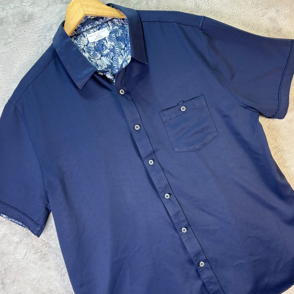 Age of Wisdom Men's Button Shirt Navy Blue‎ Tropical Trim Short Sleeve Sz XL